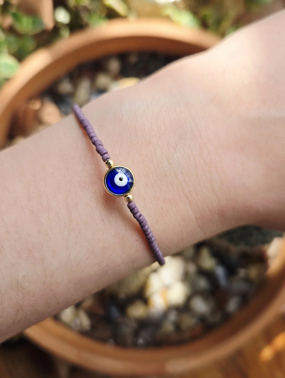 Dainty Purple Beaded Evil Eye Bracelet